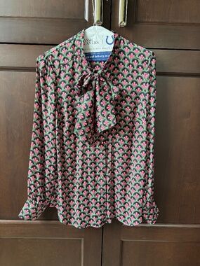 Boden Pink and Black Patterned Tie-Neck Blouse